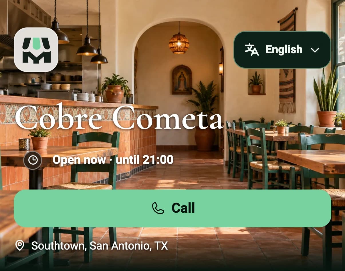 Cobre Cometa demo menu in San Antonio, showing its name, location and Call action.