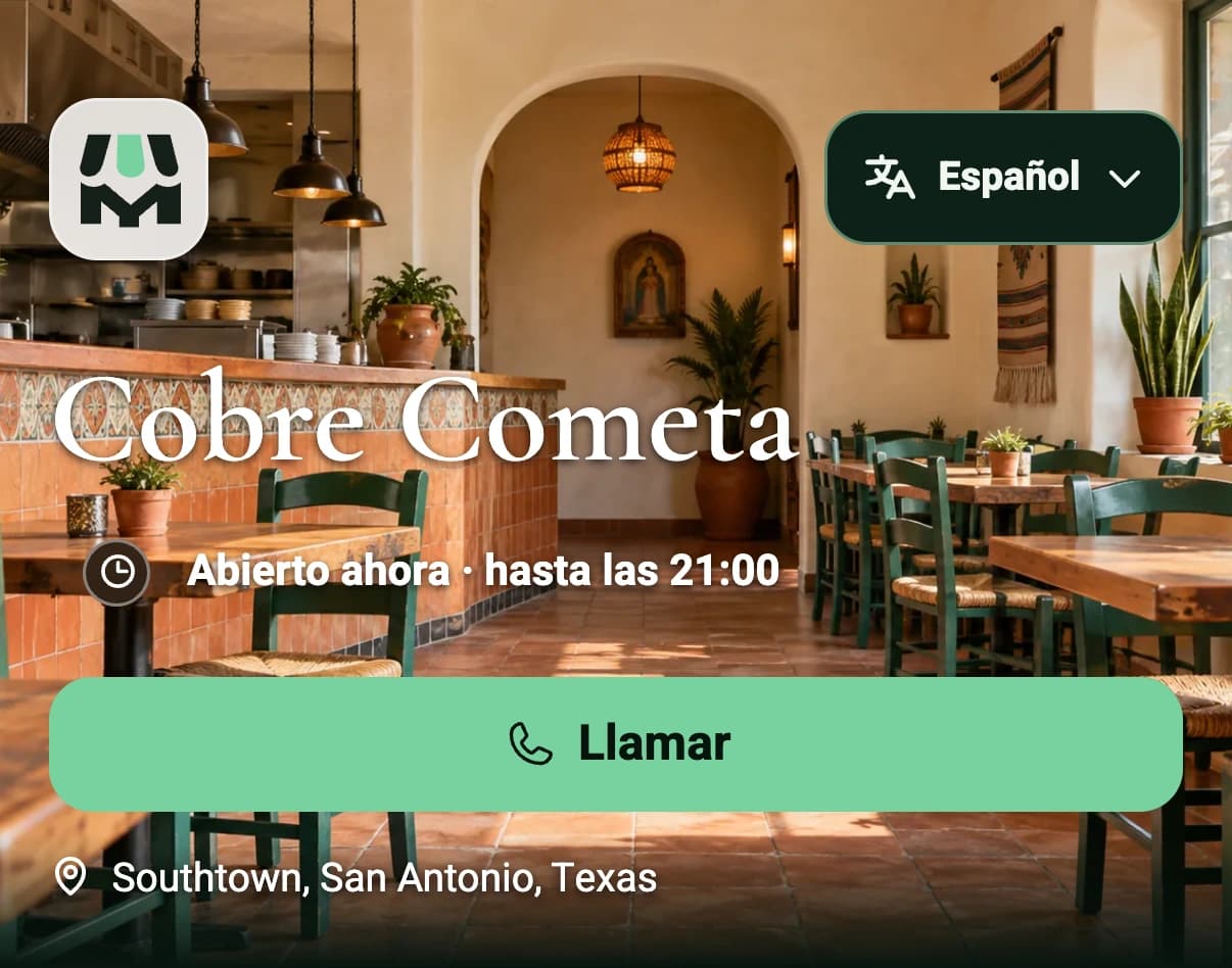Cabecera del menú de muestra de Cobre Cometa en San Antonio con su ubicación y la opción de llamar.
