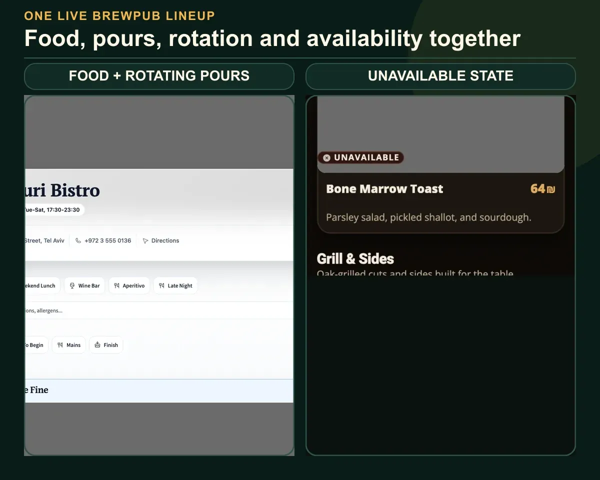Real MenuAsk menu with Dinner, Weekend Lunch and Wine Bar beside an unavailable item