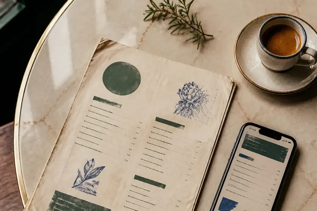 Guest checking a phone while the café counter menu changes