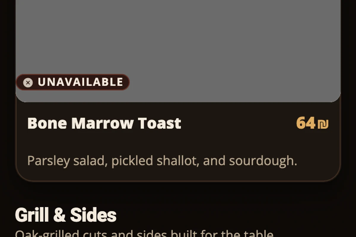 Real MenuAsk menu showing an unavailable item