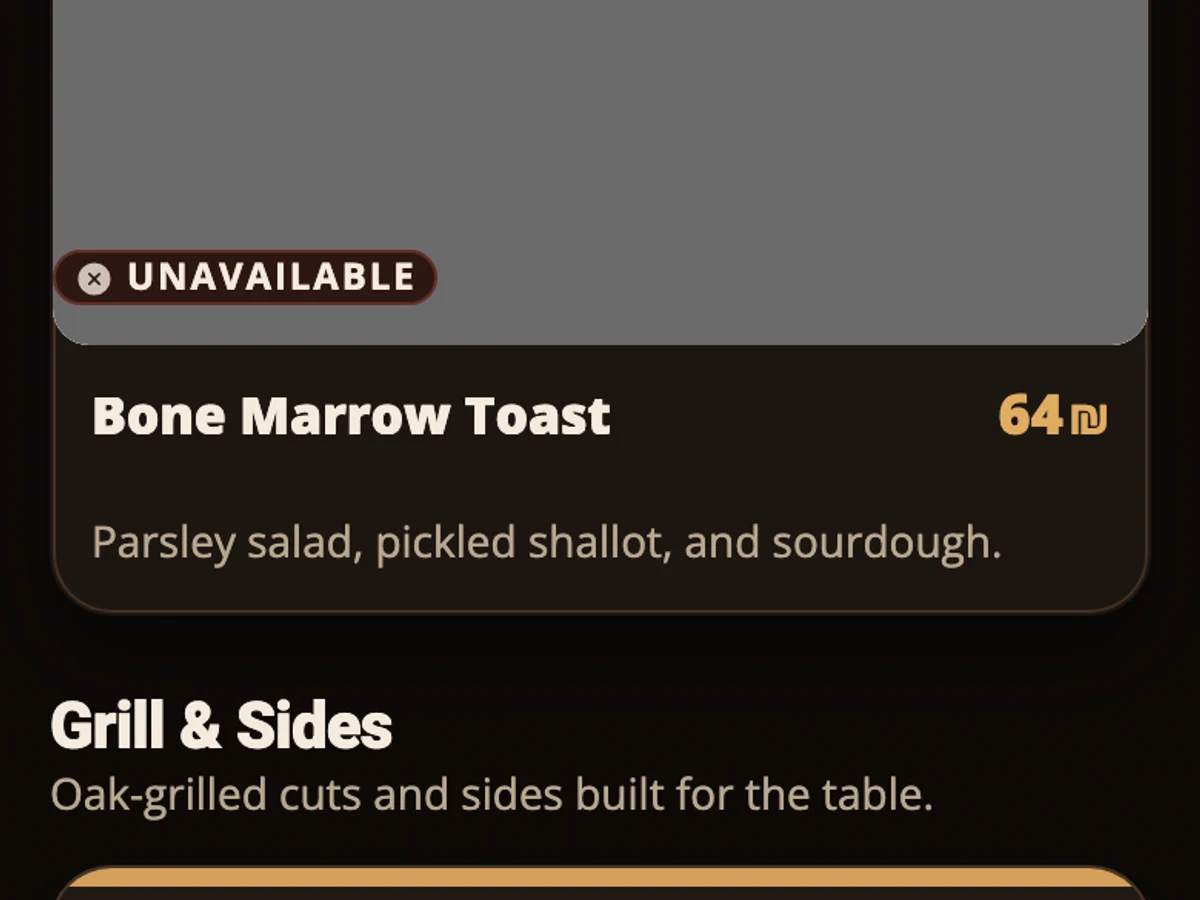 Real MenuAsk guest menu with sold-out status