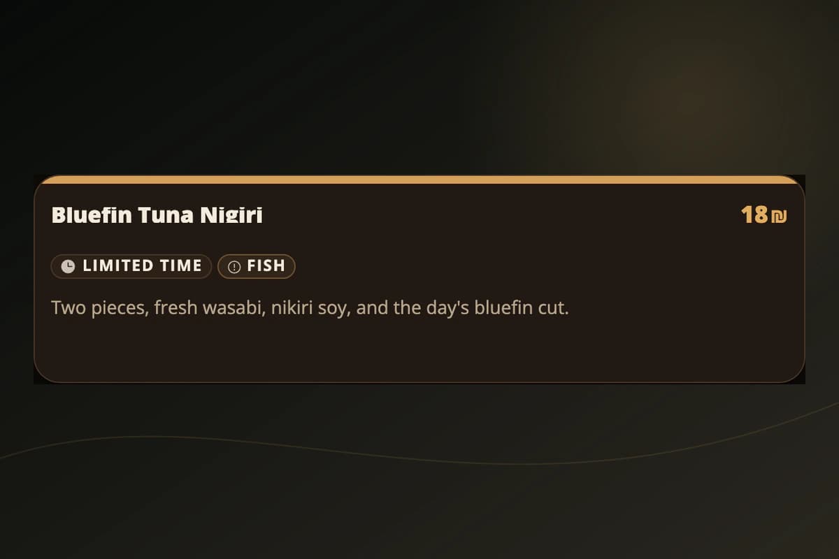 Real MenuAsk Bluefin Tuna Nigiri card at 18 shekels and available