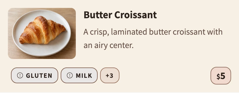 La misma tarjeta del croissant de Firstfold Bakery en inglés.