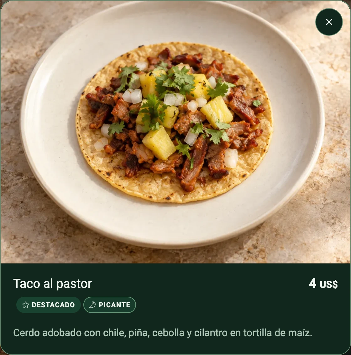 Detalle del taco al pastor de Cobre Cometa con foto, descripción y precio de 4 US$.